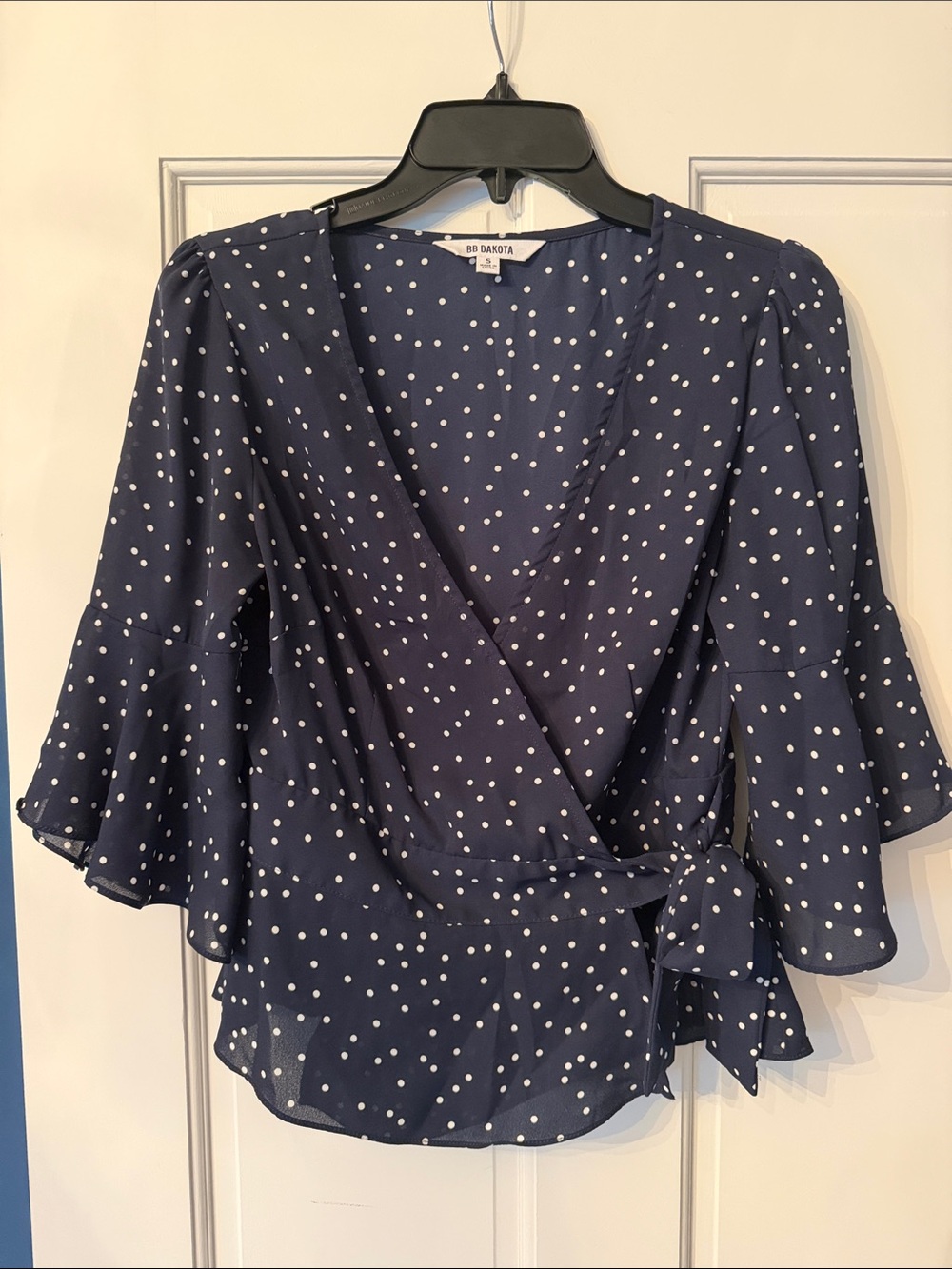 BB Dakota Navy and White Polka Dot Wrap Blouse
